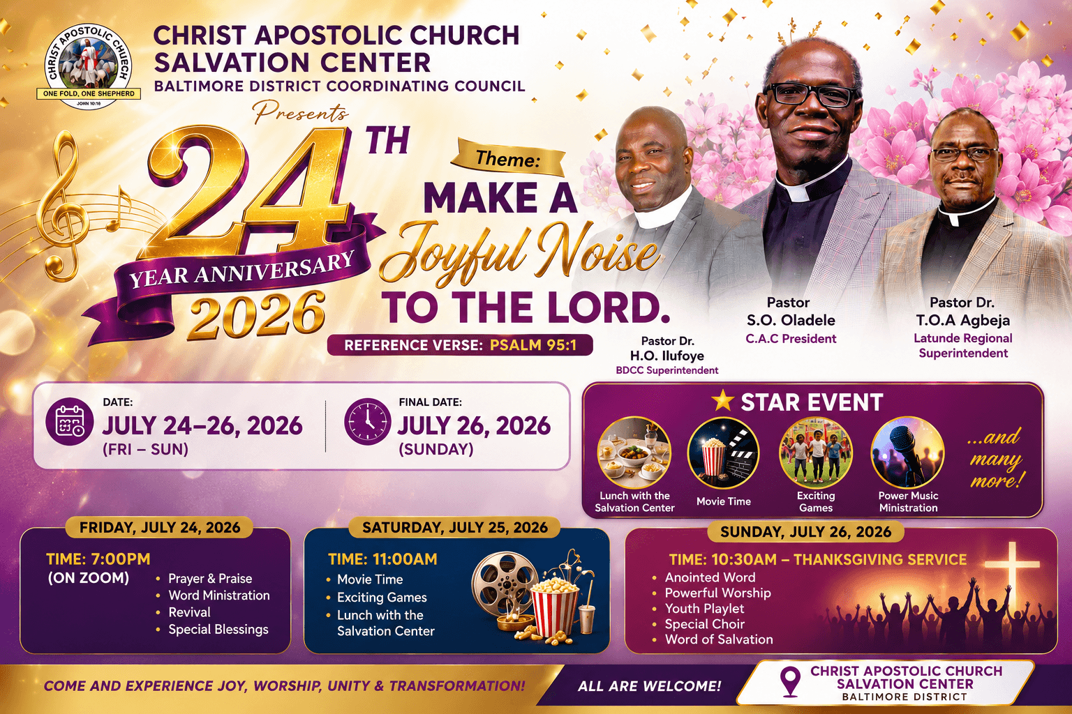 24th Church Anniversary official flyer — Make a Joyful Noise to the Lord, July 24–26, 2026