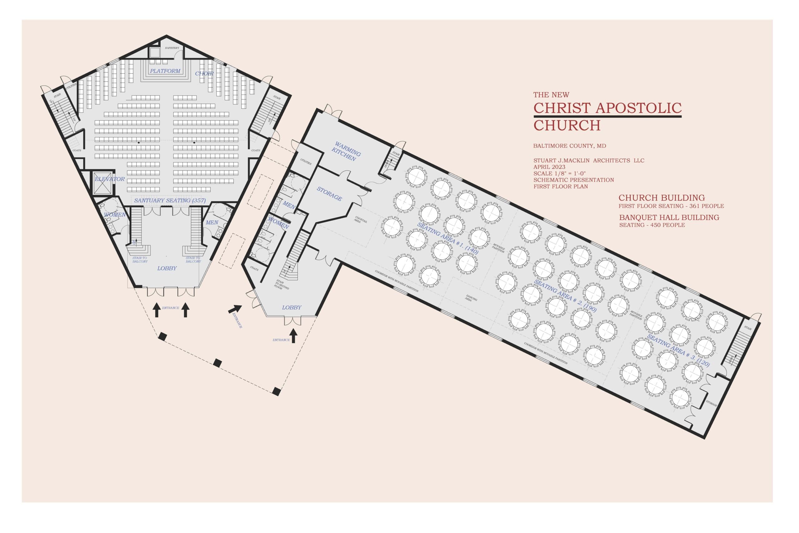 Architect's first-floor plan showing a 357-seat sanctuary and a 450-seat banquet hall